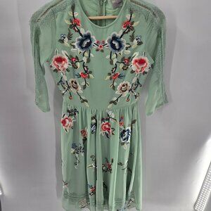 Asos Light Soft Green Floral Embroidered Lined Lace Trim High Neck Midi Dress 4